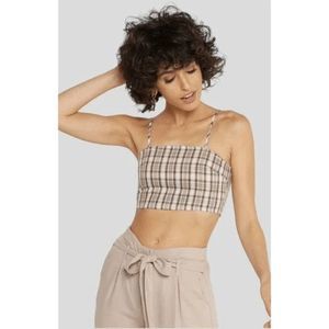 NWT Urban Outfitters Daisy Street Brown Plaid Square Neck Cami Crop Top Size S